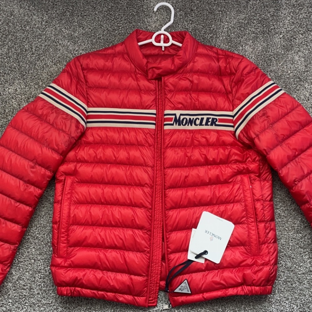 Moncler red coat with stripe detailing